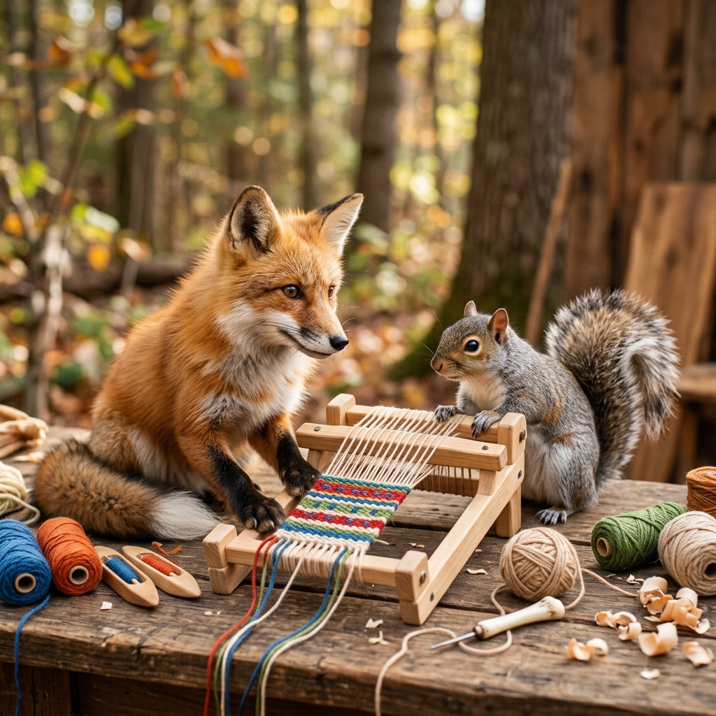 A fox and a squirrel happily painting a craft project with bright blue paint and yellow star stickers.