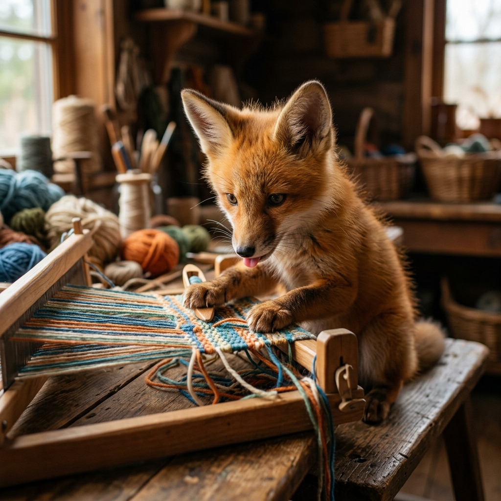 A mother fox looking happily and proudly at a colorful craft project sitting on a high living room shelf.