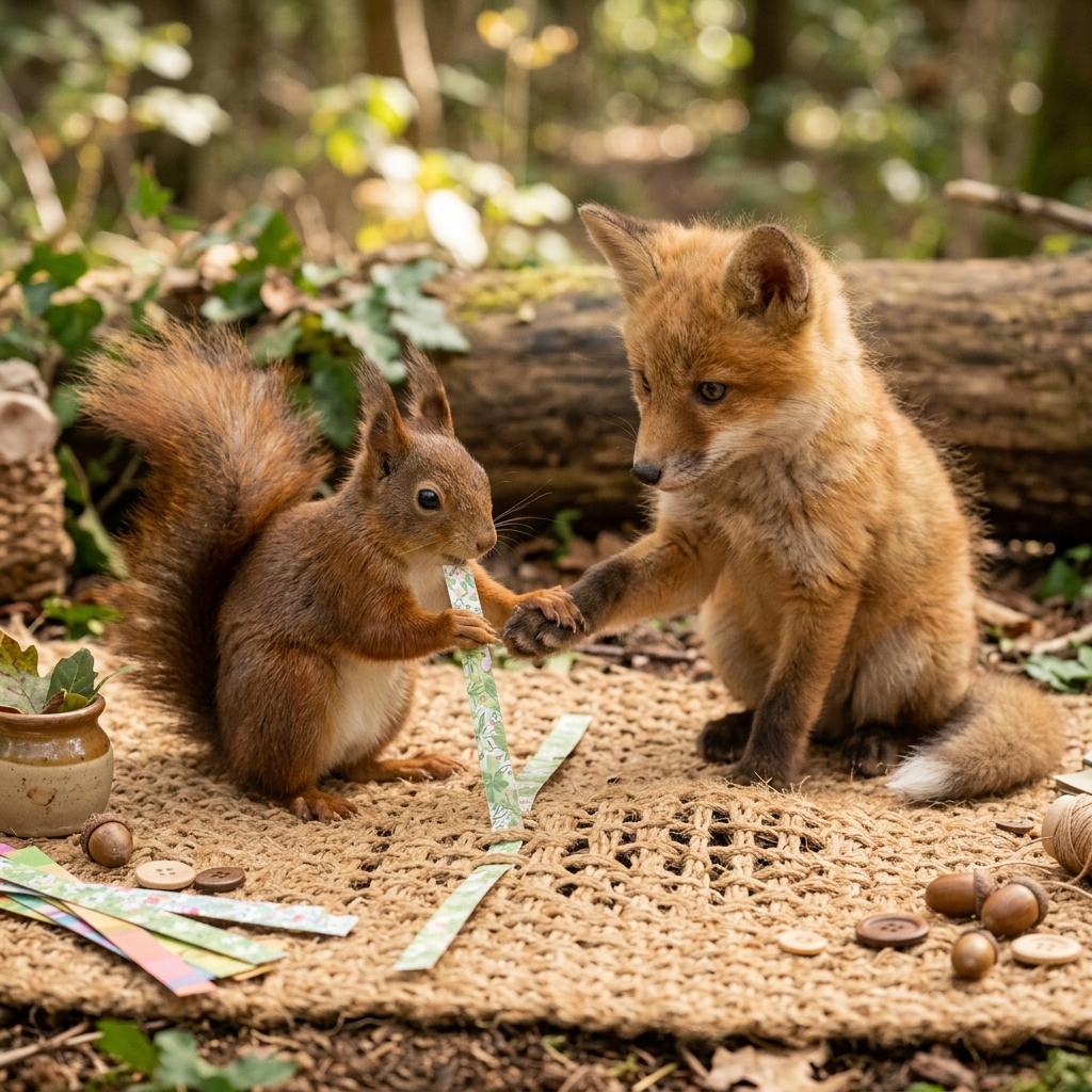 A fox and a squirrel playing happily with their finished colorful craft project in the middle of a room.