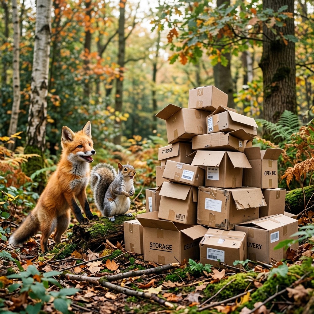 A cute fox and a squirrel looking at a table full of crafting supplies on a rainy afternoon.