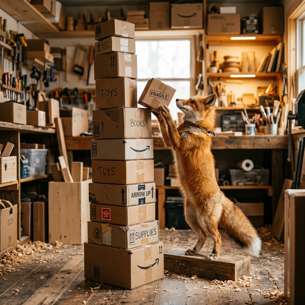 A cute fox neatly organizing tools and materials on a wooden table.