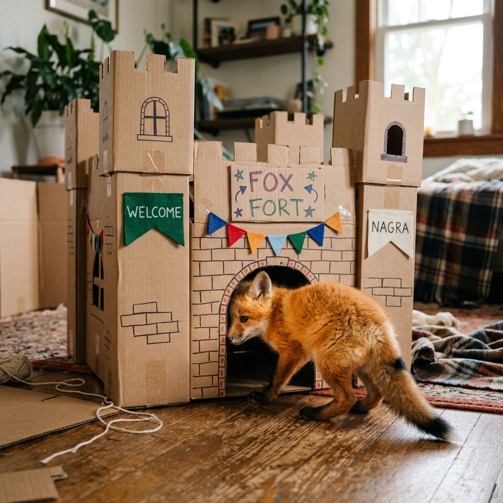 A fox working hard on a craft project, looking focused and proud.