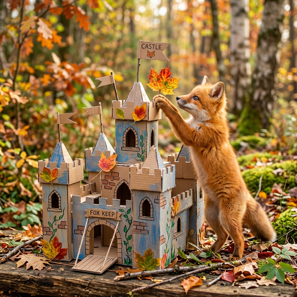 A wide, very sturdy craft creation on a table, with a fox gently tapping it to test its strength.