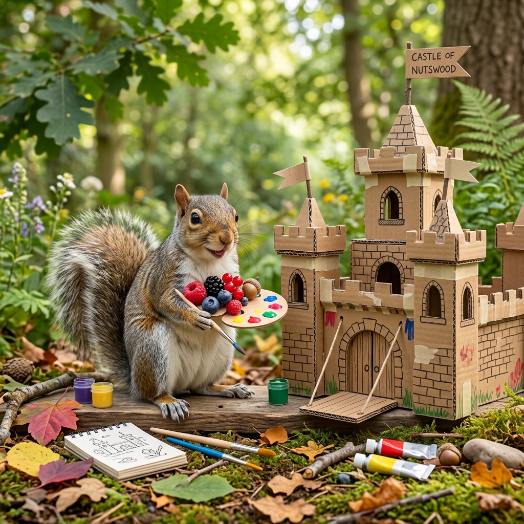 A fox and a squirrel happily painting a craft project with bright blue paint and yellow star stickers.