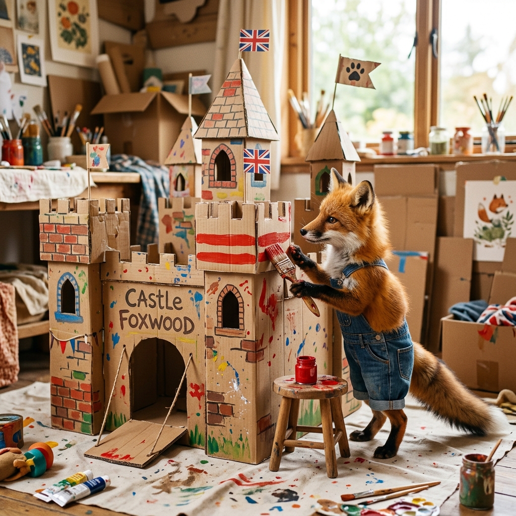 A mother fox looking happily and proudly at a colorful craft project sitting on a high living room shelf.