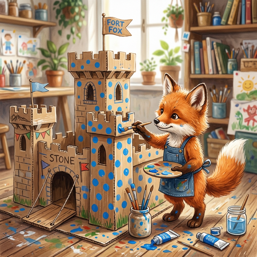 A fox and a squirrel playing happily with their finished colorful craft project in the middle of a room.