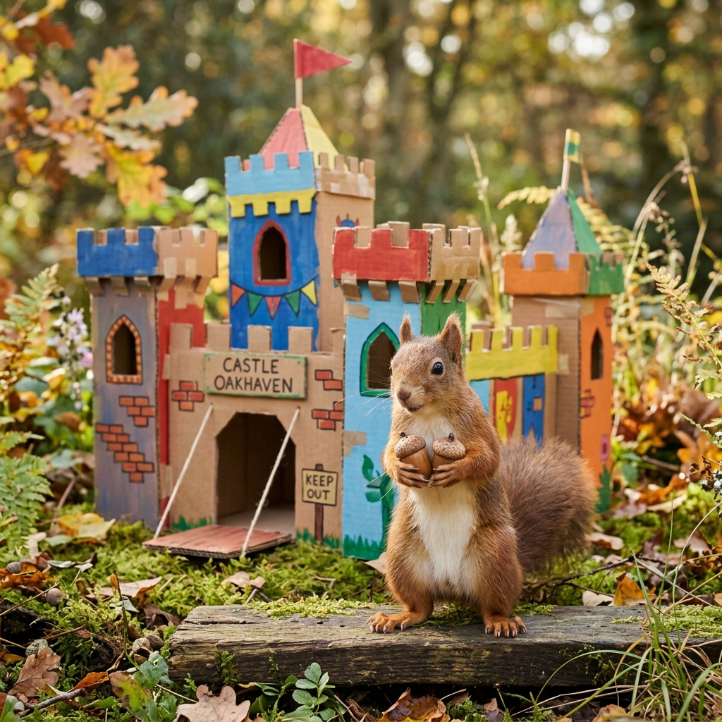 A fox and a squirrel sitting by a window, looking at a beautiful rainbow outside after finishing their craft project.