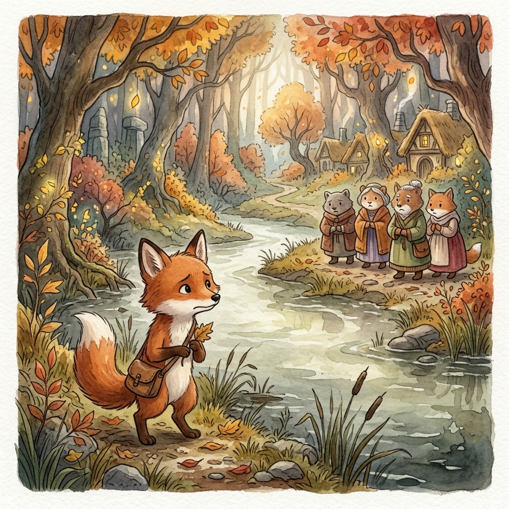 A young copper-colored fox with a satchel standing worriedly by a dim, sickly pale river in a magical forest, village elders looking concerned in the background, autumn morning light, soft watercolor children's storybook style