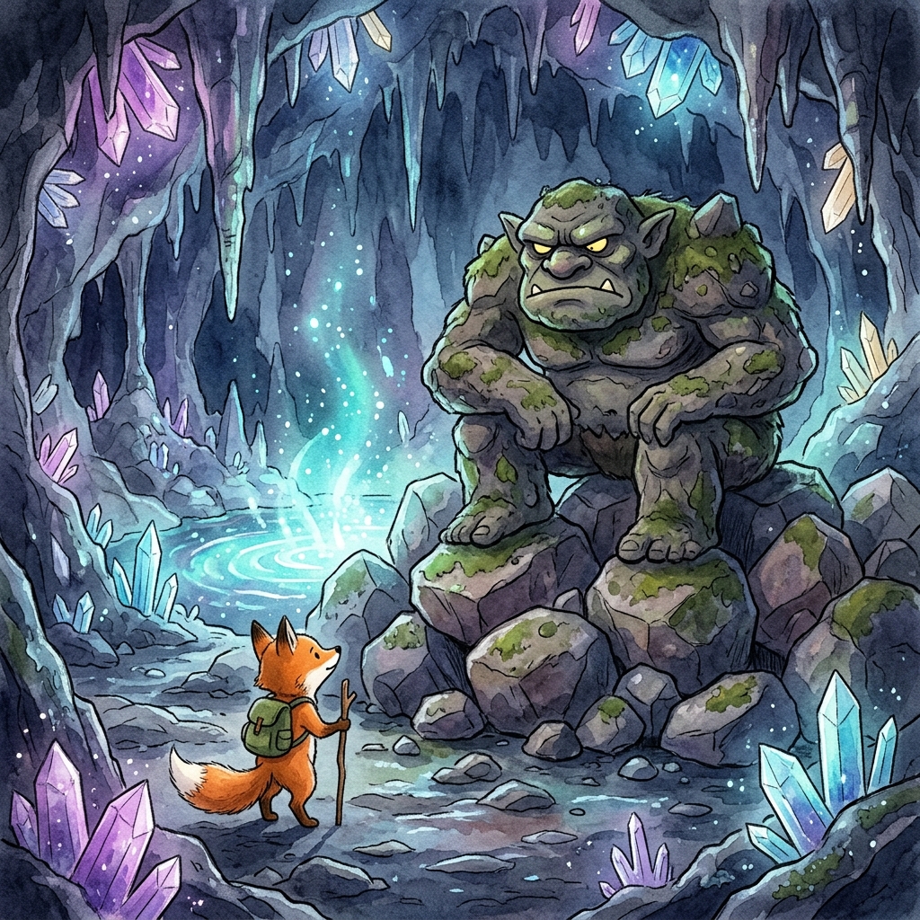 Finn the fox standing in a large crystal cave confronting a giant, grumpy rock troll sitting on a pile of boulders that are blocking a glowing magical spring, cold and dark atmosphere, soft watercolor children's storybook style
