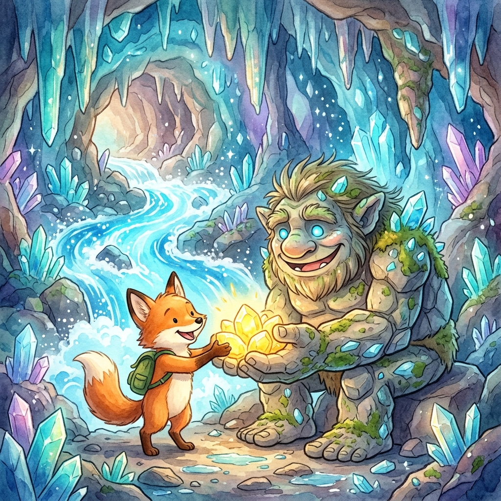 Finn the fox happily handing bright yellow glowing Sun-Stones to a smiling giant rock troll in a crystal cave, a beautiful bright blue glowing magical spring rushing out from behind them, soft watercolor children's storybook style