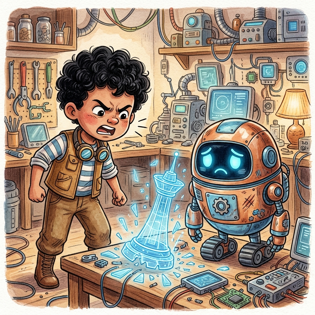 Un niño con cabello rizado negro llamado Leo mirando muy enojado en su taller futurista a un robot redondo llamado Rusty, quien tiene sus ojos digitales azules caídos con tristeza, con una torre holográfica rota en el suelo, estilo de libro de cuentos infantiles