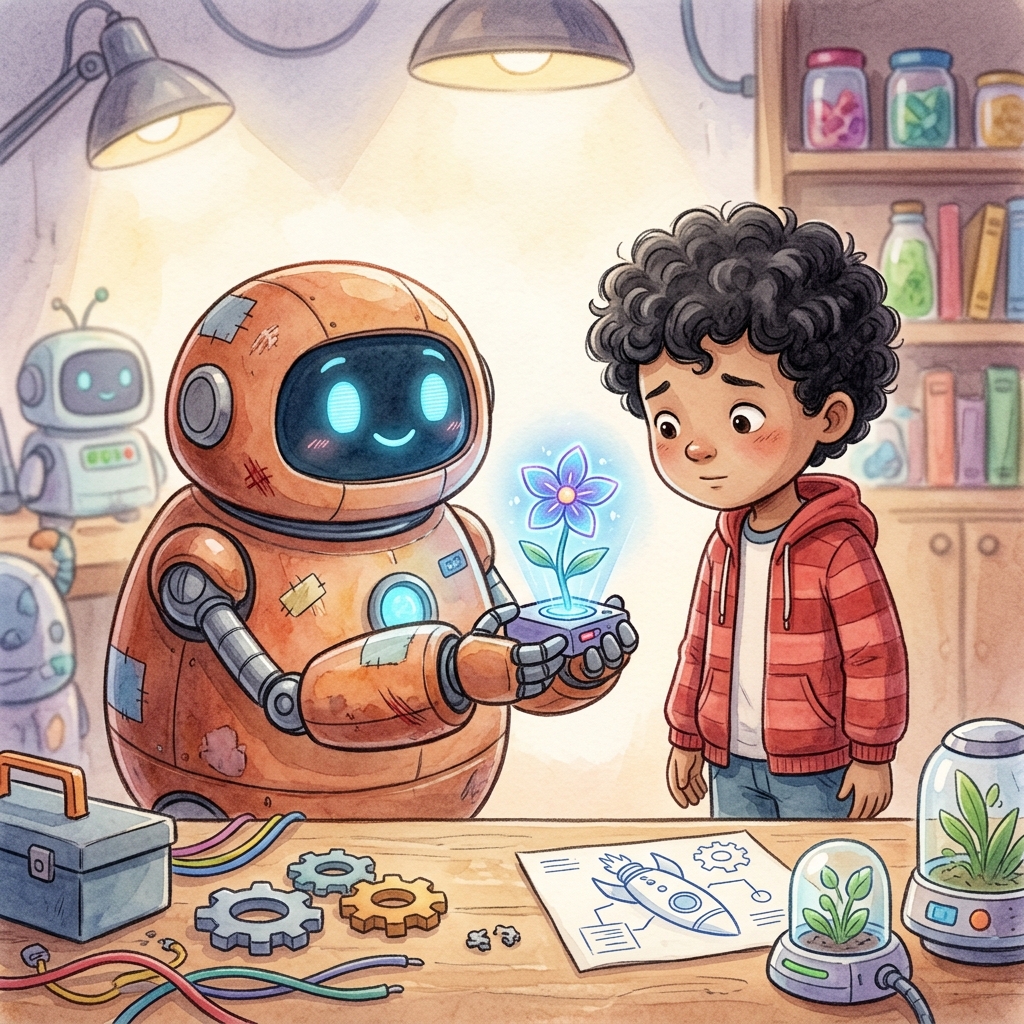 El robot redondo Rusty ofreciendo una pequeña flor holográfica azul brillante a Leo, quien lo mira con una sonrisa suave y sin enojo en su taller, estilo de libro de cuentos infantiles