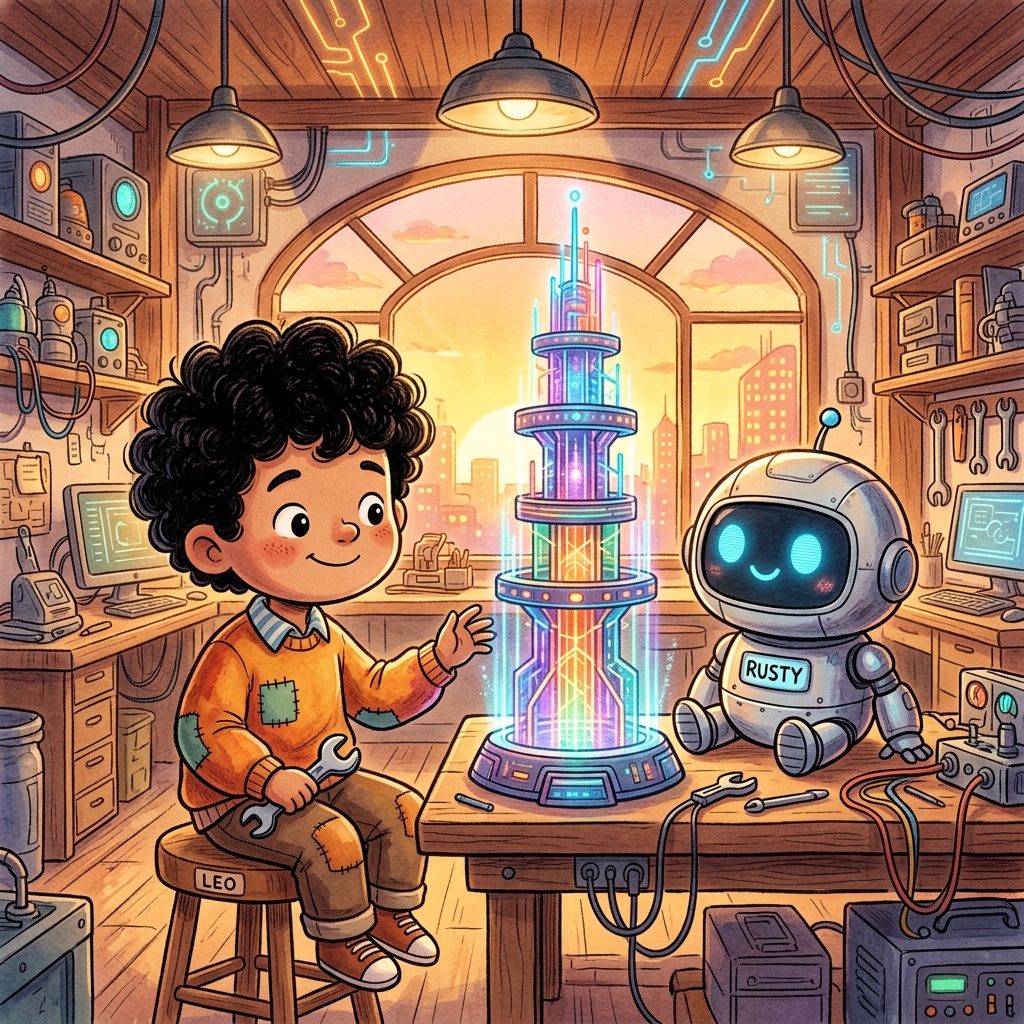 Leo y el robot Rusty sentados felices en el taller al atardecer, admirando una gran y brillante torre holográfica de colores que brilla sobre la mesa, estilo de libro de cuentos infantiles