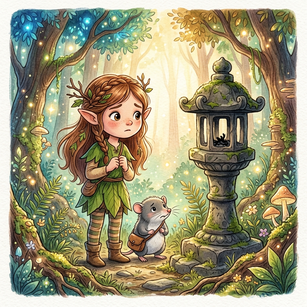 Una niña elfa amigable con cabello castaño llamada Sofía y una diminuta musaraña gris llamada Pip mirando una linterna de piedra que se ha apagado en un Bosque Mágico brillante, estilo de libro de cuentos de dibujos animados