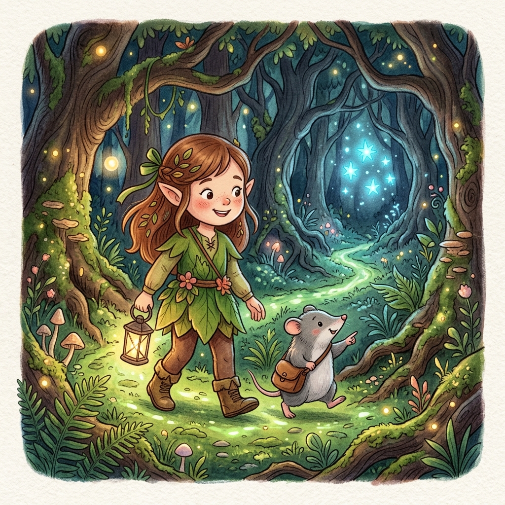 Sofía y Pip caminando juntos por un sendero estrecho de musgo brillante en el bosque mágico profundo, Pip señalando una espora estelar azul brillante en la distancia, estilo de libro de cuentos de dibujos animados