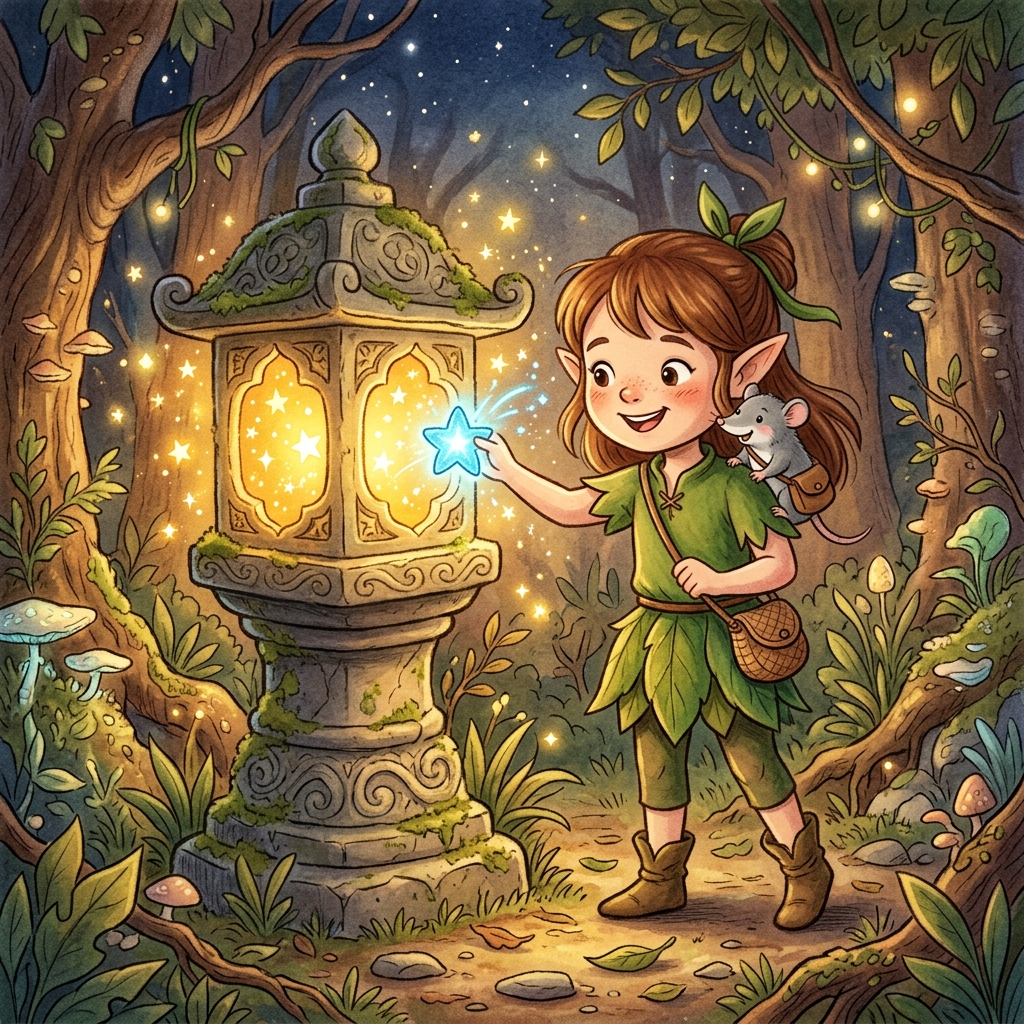 Sofía colocando la espora estelar azul brillante dentro de la gran linterna de piedra que estalla en una luz dorada y cálida, Pip mirando felizmente, estilo de libro de cuentos de dibujos animados