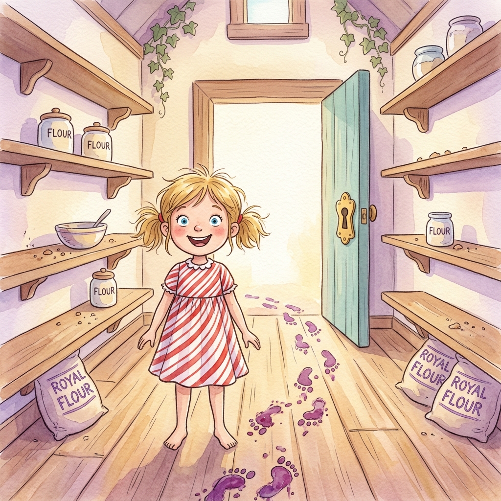 A cheerful girl in a peppermint-striped dress stands wide-eyed in the Royal Bakery pantry, empty shelves around her, purple sticky footprints on the floor leading to a back door, soft watercolor children's storybook style, warm pastel palette, Sweet Kingdom setting