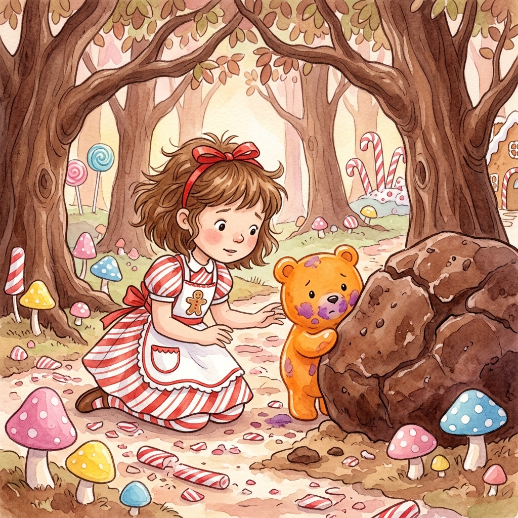 Lily in peppermint-striped dress and apron kneels beside a small round orange gummy-bear boy with purple-stained face, hiding behind a giant chocolate fudge boulder in a forest of chocolate trees and candy mushrooms, soft watercolor children's storybook style, warm pastel palette, Sweet Kingdom setting