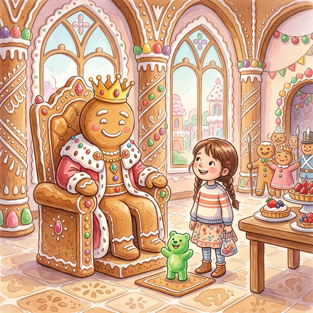 Lily and the small gummy-bear Gumbo stand before the warm, smiling Gingerbread King on his caramel throne in the Royal Palace throne room, gingerbread pillars and sugar-glass windows in background, strawberry tarts on a table nearby, soft watercolor children's storybook style, warm pastel palette, Sweet Kingdom setting