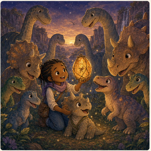 Amara and Peb share the repaired lantern with valley dinosaurs at dusk