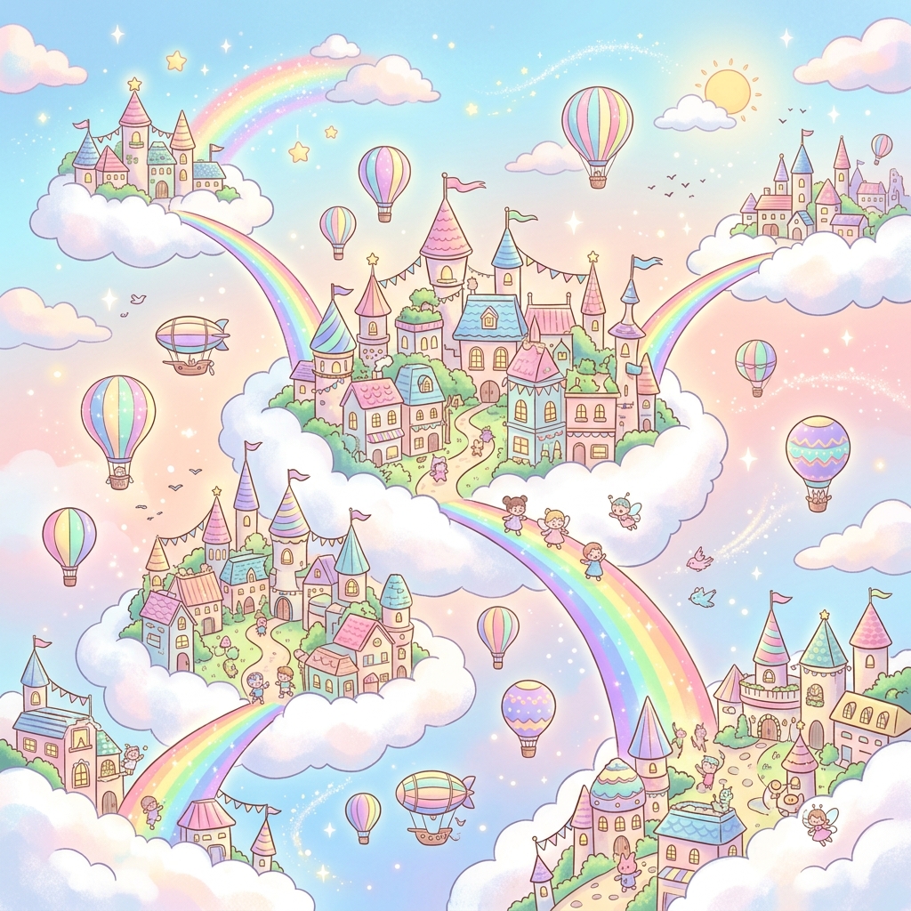 Foxy in Cloud City with rainbow bell, warm storybook illustration, child-friendly, soft light