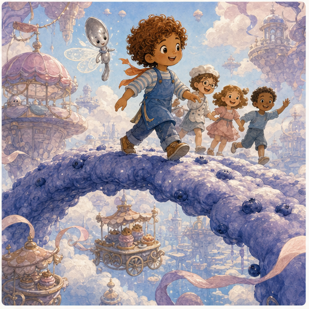 The blueberry bridge rises perfectly and children cross together