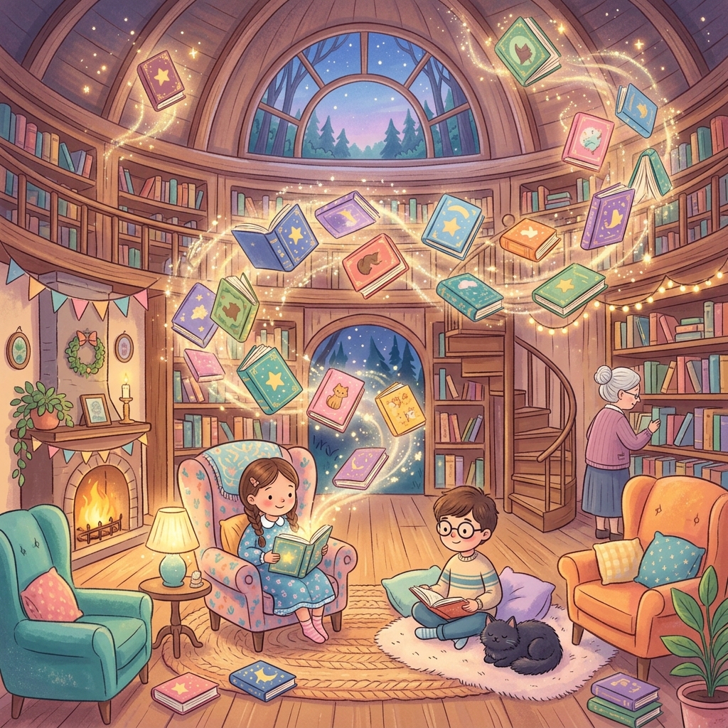 Foxy in Magic Library with stardust book, warm storybook illustration, child-friendly, soft light