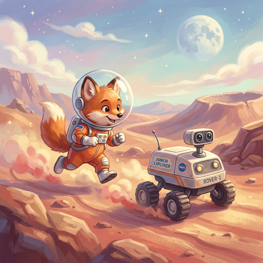Foxy the astronaut fox cub and a small, cute space rover playfully racing across a dusty red crater in space. High-quality whimsical digital painting, a blend of Studio Ghibli and modern Pixar (stylized 3D/2D blend). Use a soft but vibrant pastel color palette (sky blues, warm sunlit golds, soft whites, dusty reds). Incorporate dreamy, atmospheric volumetric lighting with soft shadows. Use painterly brushstrokes for a magical storybook feel. Ensure highly detailed but soft edges, conveying an enchanting and innocent mood.