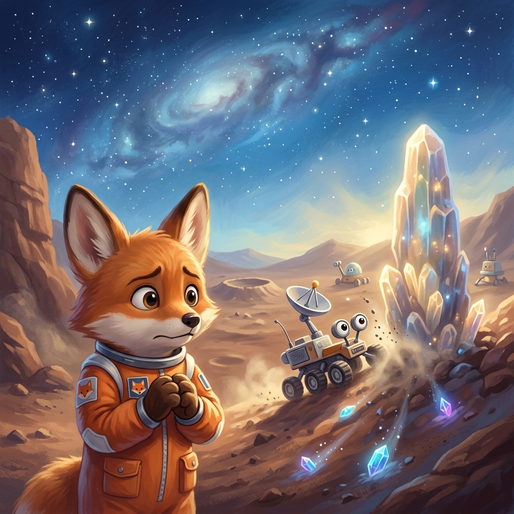 Foxy the astronaut fox cub looking worried as a small, cute space rover accidentally bumps into a tall, glowing rock formation, causing a few crystals to fall in a dusty space crater. High-quality whimsical digital painting, a blend of Studio Ghibli and modern Pixar (stylized 3D/2D blend). Use a soft but vibrant pastel color palette (sky blues, warm sunlit golds, soft whites, dusty reds). Incorporate dreamy, atmospheric volumetric lighting with soft shadows. Use painterly brushstrokes for a magical storybook feel. Ensure highly detailed but soft edges, conveying an enchanting and innocent mood.