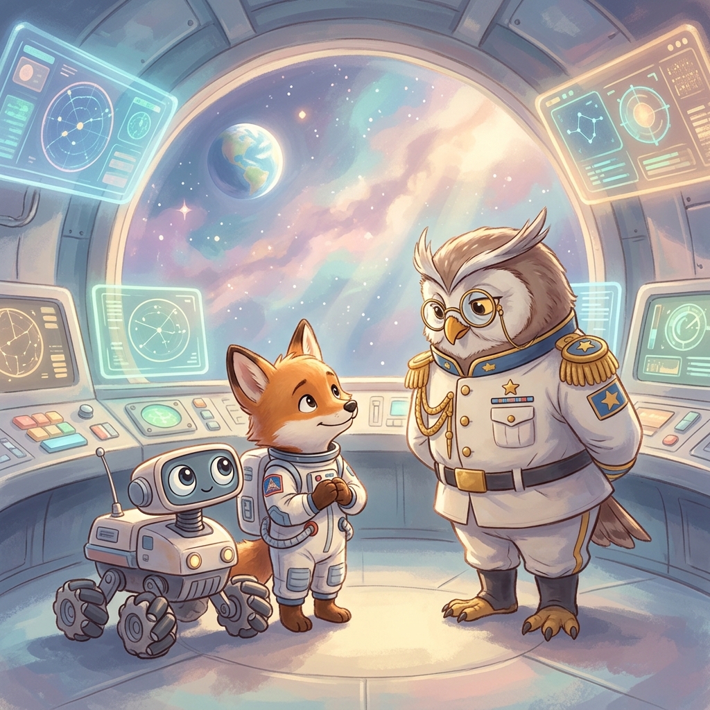 Foxy the astronaut fox cub and the cute space rover standing honestly before an older, wise owl wearing a space commander uniform inside a high-tech space station control room. High-quality whimsical digital painting, a blend of Studio Ghibli and modern Pixar (stylized 3D/2D blend). Use a soft but vibrant pastel color palette (sky blues, warm sunlit golds, soft whites, dusty reds). Incorporate dreamy, atmospheric volumetric lighting with soft shadows. Use painterly brushstrokes for a magical storybook feel. Ensure highly detailed but soft edges, conveying an enchanting and innocent mood.