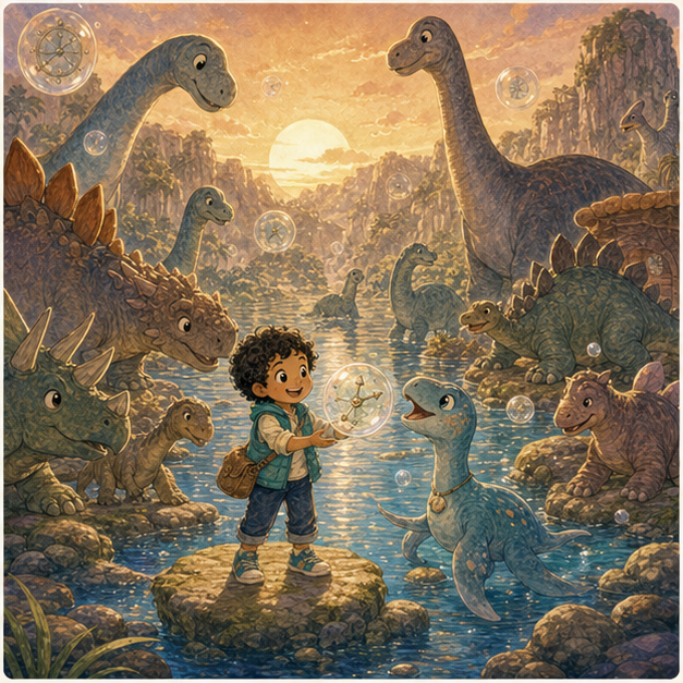 Leo and Nuna help dinosaurs arrive together at sunset
