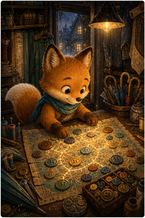Foxy en una acogedora tienda de costura en un día lluvioso ordenando botones mágicos tallados en forma de mapa secreto de la ciudad sobre una mesa de madera, paraguas y herramientas de costura alrededor, cálida ilustración infantil AmFoxy, sin texto, sin marca de agua