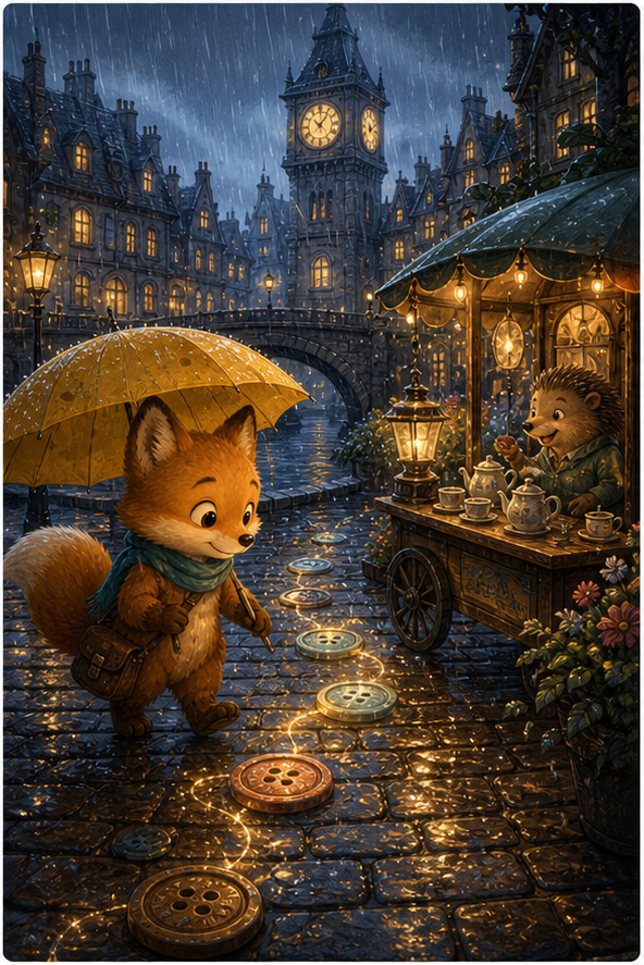 Foxy bajo un paraguas amarillo siguiendo un mapa mágico de botones por una ciudad lluviosa de cuento, descubriendo pistas en un puente, puesto de té y torre del reloj, cálida ilustración infantil AmFoxy, sin texto, sin marca de agua