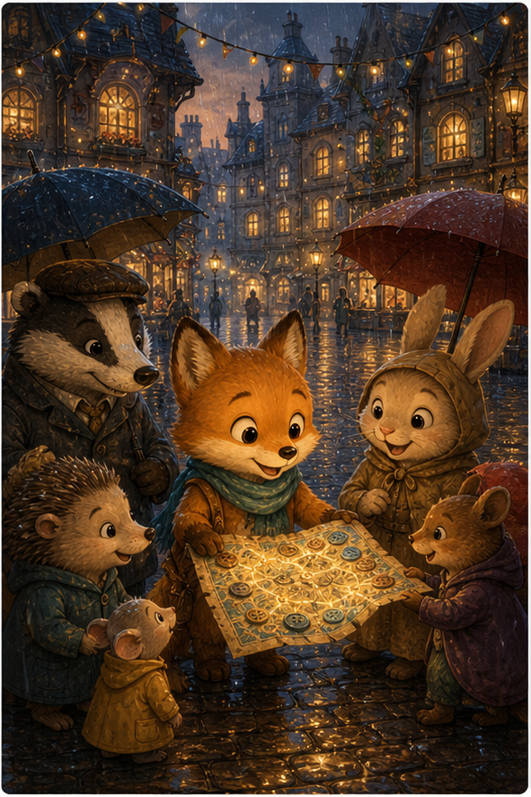 Foxy compartiendo un mapa mágico de botones con vecinos alegres en una plaza lluviosa al atardecer, paraguas amarillos y luces de tienda de costura, cálida ilustración infantil AmFoxy, sin texto, sin marca de agua