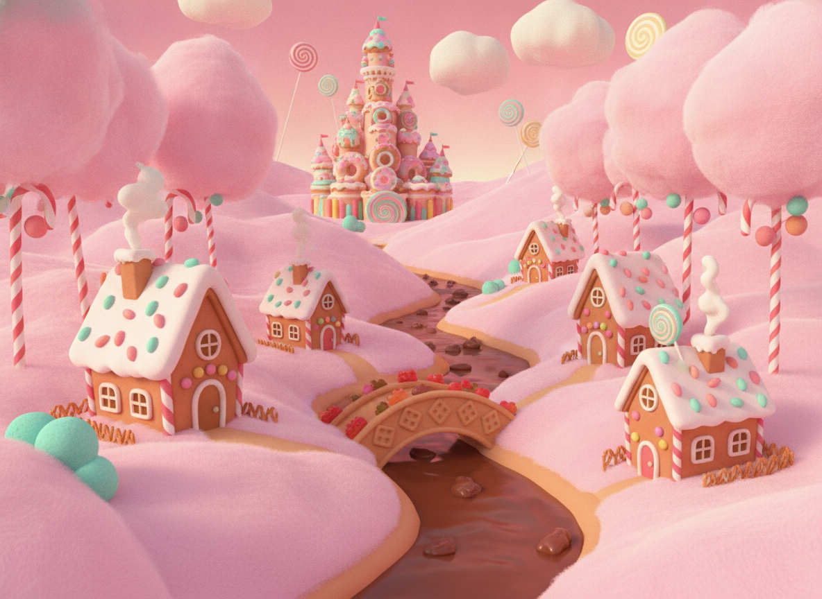 Foxy in Kingdom of Sweets with caramel crown, warm storybook illustration, child-friendly, soft light