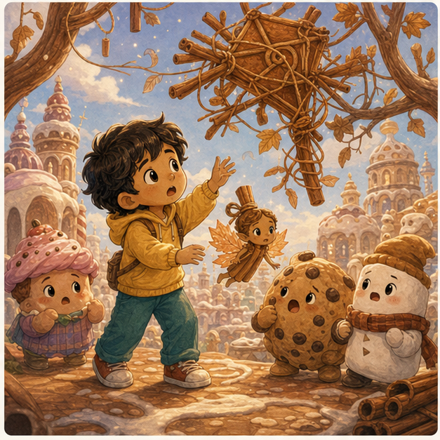 The kite tangles and Noa asks friends for help