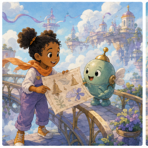 Nia and Bim compare clues on a sky bridge
