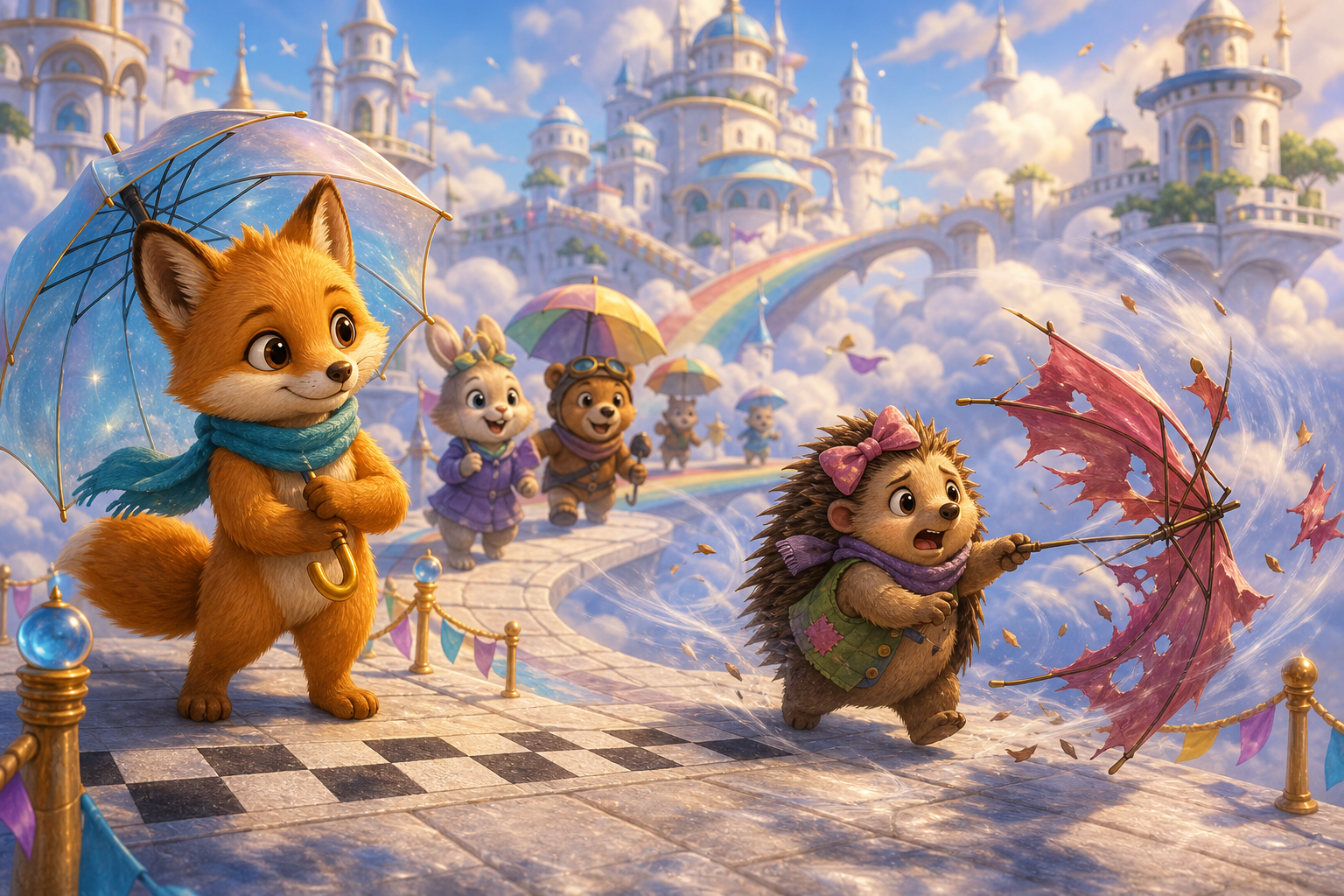 Foxy at a Cloud City starting line with a shiny wind umbrella while Nia's patched umbrella breaks in a gust; connected whimsical children's book illustration, same small fox hero Foxy with amber fur, cream muzzle, teal scarf, warm expressive eyes, soft painterly texture, rounded shapes, cozy cinematic light, no text in image
