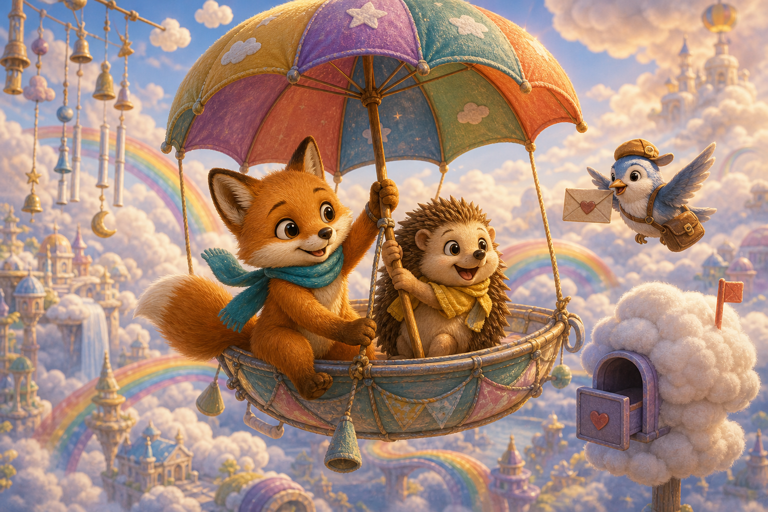 Foxy and Nia learn to steer one umbrella together through cloud chimes and rainbow bridges; connected whimsical children's book illustration, same small fox hero Foxy with amber fur, cream muzzle, teal scarf, warm expressive eyes, soft painterly texture, rounded shapes, cozy cinematic light, no text in image