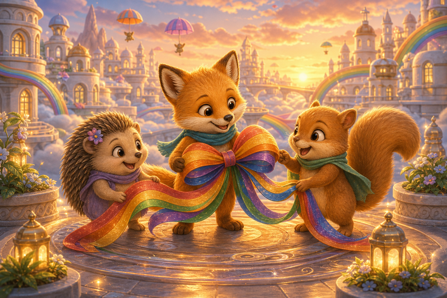 Foxy, Nia, and Bram receive a huge multicolor teamwork ribbon on a glowing Cloud City platform at sunset; connected whimsical children's book illustration, same small fox hero Foxy with amber fur, cream muzzle, teal scarf, warm expressive eyes, soft painterly texture, rounded shapes, cozy cinematic light, no text in image