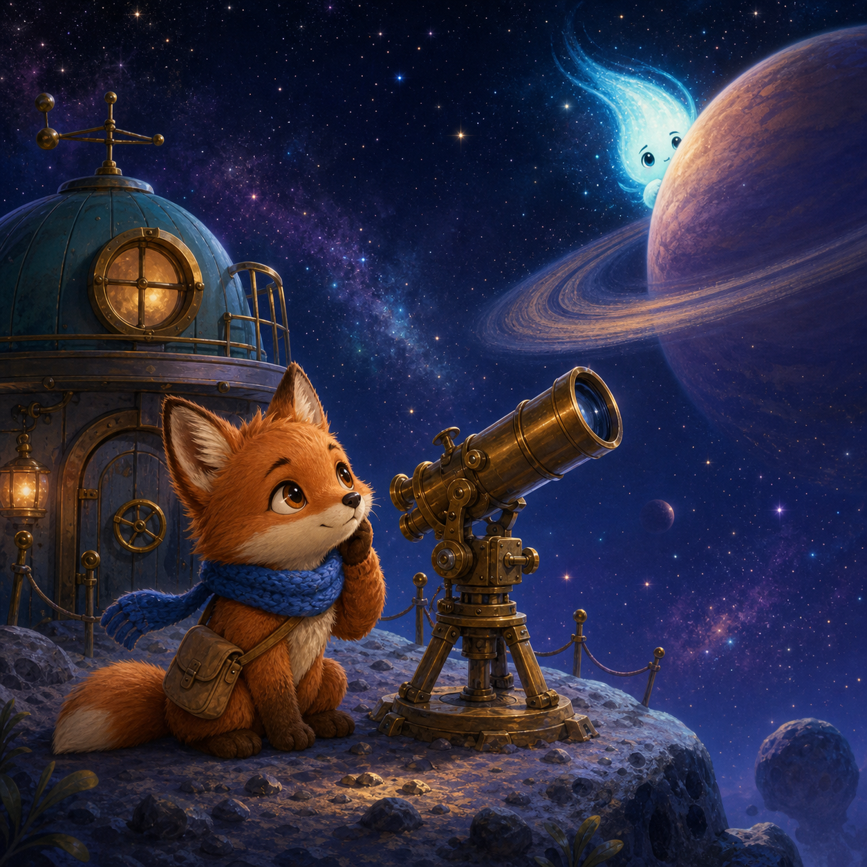 Foxy beside a brass telescope on a tiny moonlet while a shy silent comet hides behind a ringed planet