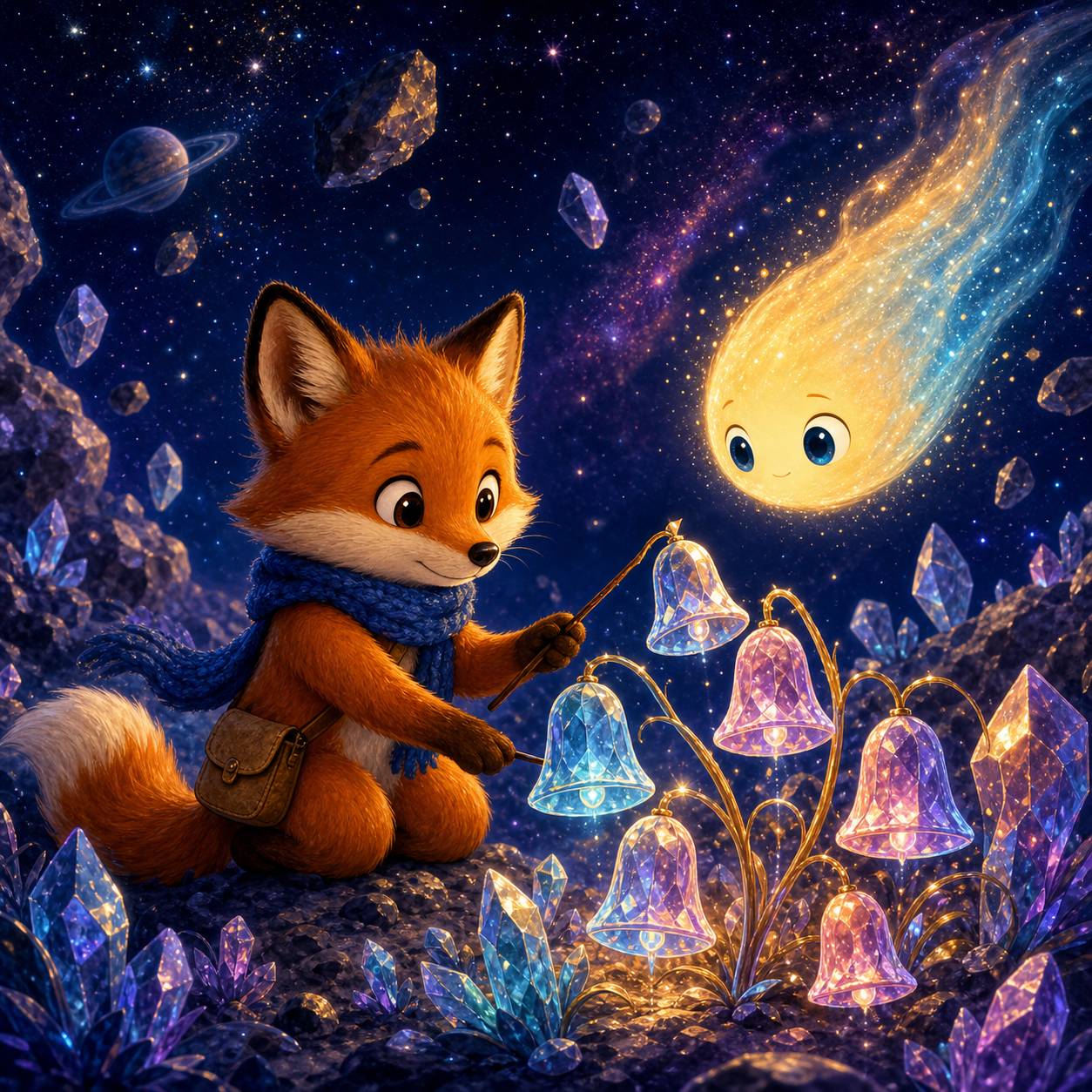 Foxy gently tapping crystal flowers in an asteroid garden while a shy comet listens nearby