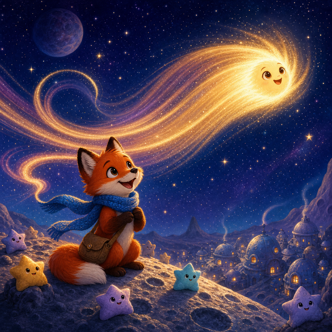 Foxy and moon village children listening as the comet sings golden ribbons of light across the sky