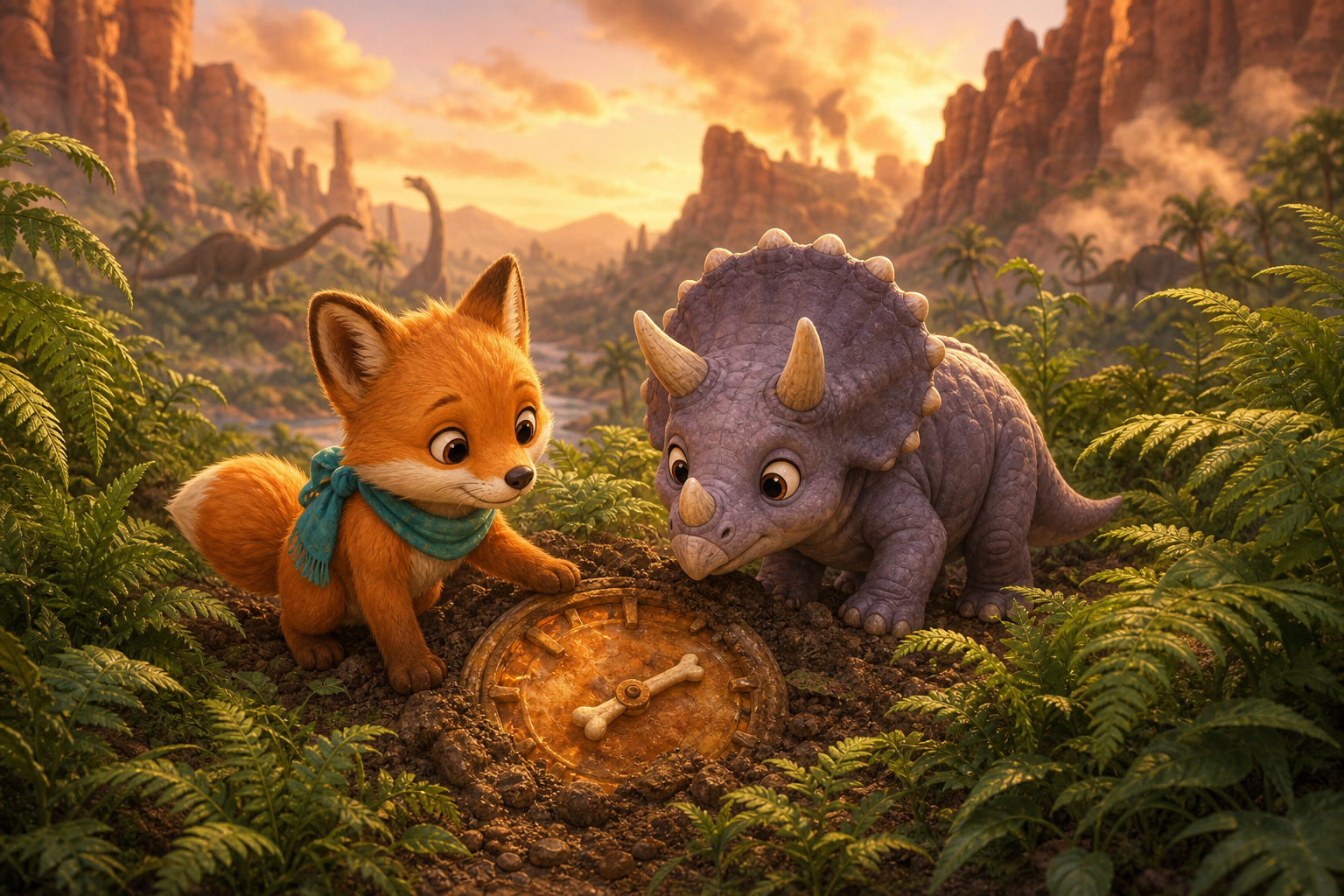 Foxy and baby triceratops Tula discover an amber bone clock beneath huge ferns as red cliffs rumble; connected whimsical children's book illustration, same small fox hero Foxy with amber fur, cream muzzle, teal scarf, warm expressive eyes, soft painterly texture, rounded shapes, cozy cinematic light, no text in image