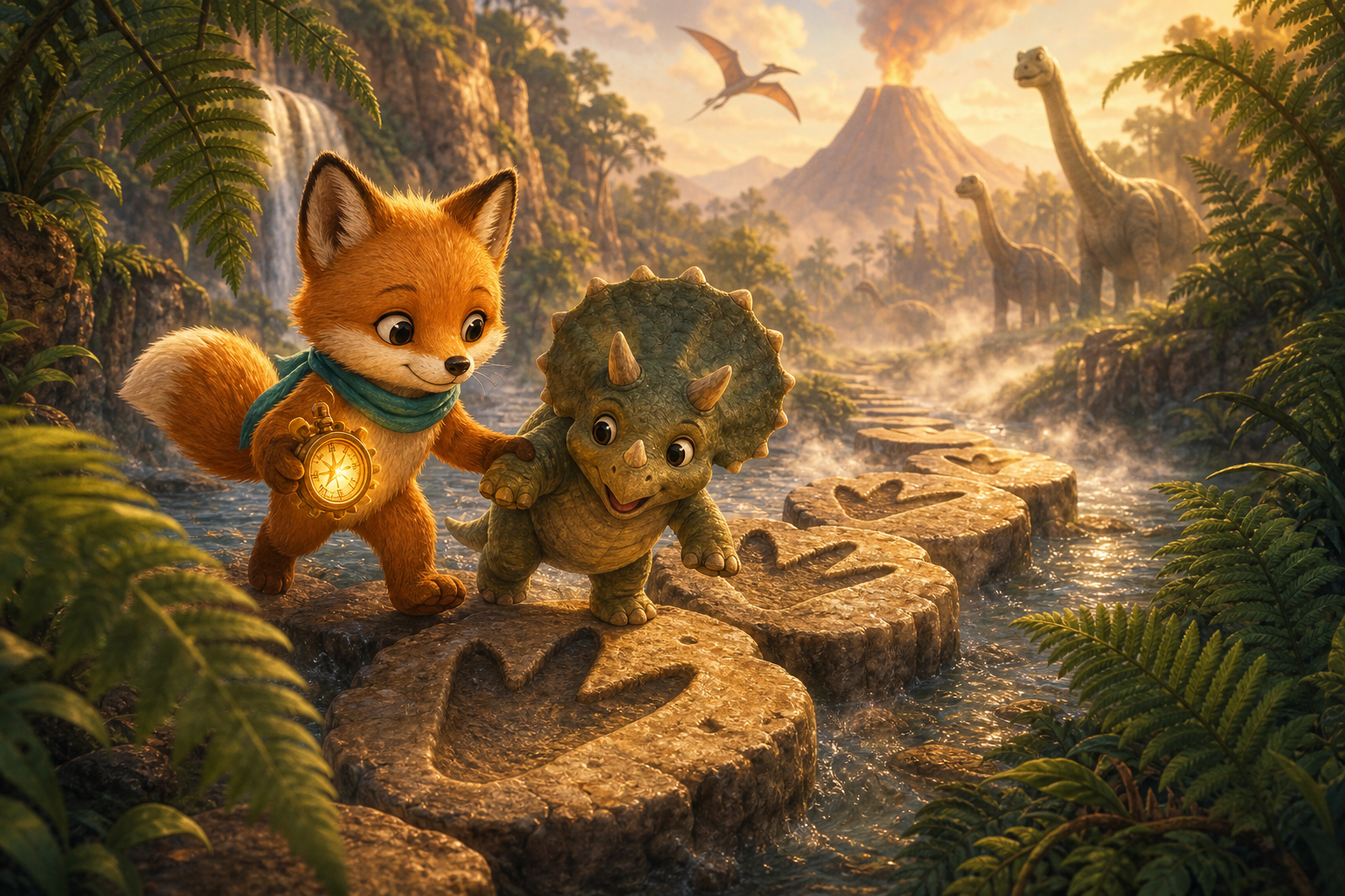 Foxy guides Tula across a river bridge made of giant fossil footprints while mist rises around them; connected whimsical children's book illustration, same small fox hero Foxy with amber fur, cream muzzle, teal scarf, warm expressive eyes, soft painterly texture, rounded shapes, cozy cinematic light, no text in image
