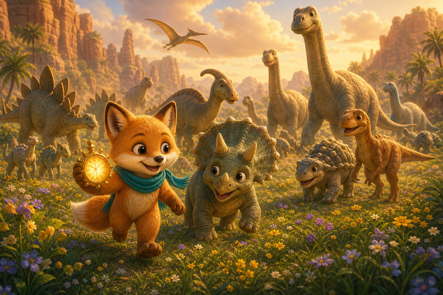 Foxy and Tula lead many dinosaurs safely into a sunny meadow while the amber courage clock glows; connected whimsical children's book illustration, same small fox hero Foxy with amber fur, cream muzzle, teal scarf, warm expressive eyes, soft painterly texture, rounded shapes, cozy cinematic light, no text in image