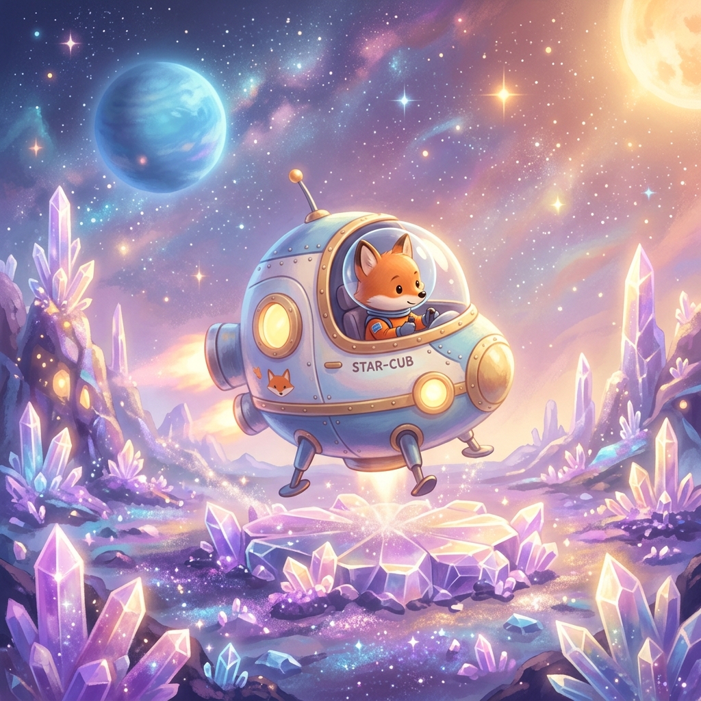 Foxy the astronaut fox cub carefully landing his small, cute spaceship on the surface of a glowing crystal moon. High-quality whimsical digital painting, a blend of Studio Ghibli and modern Pixar (stylized 3D/2D blend). Use a soft but vibrant pastel color palette (sky blues, warm sunlit golds, soft whites, crystalline purples). Incorporate dreamy, atmospheric volumetric lighting with soft shadows. Use painterly brushstrokes for a magical storybook feel. Ensure highly detailed but soft edges, conveying an enchanting and innocent mood.