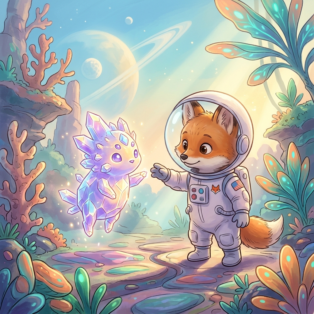 Foxy the astronaut fox cub in a spacesuit meeting a friendly, small creature made entirely of glowing crystals. High-quality whimsical digital painting, a blend of Studio Ghibli and modern Pixar (stylized 3D/2D blend). Use a soft but vibrant pastel color palette (sky blues, warm sunlit golds, soft whites, crystalline purples). Incorporate dreamy, atmospheric volumetric lighting with soft shadows. Use painterly brushstrokes for a magical storybook feel. Ensure highly detailed but soft edges, conveying an enchanting and innocent mood.