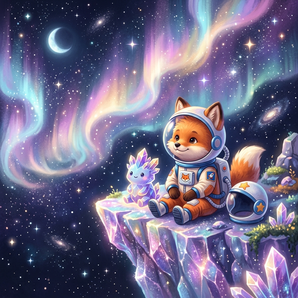 Foxy the astronaut fox cub and the small crystal creature sitting together on a crystal cliff, watching a beautiful cosmic aurora in the starry space sky. High-quality whimsical digital painting, a blend of Studio Ghibli and modern Pixar (stylized 3D/2D blend). Use a soft but vibrant pastel color palette (sky blues, warm sunlit golds, soft whites, crystalline purples). Incorporate dreamy, atmospheric volumetric lighting with soft shadows. Use painterly brushstrokes for a magical storybook feel. Ensure highly detailed but soft edges, conveying an enchanting and innocent mood.
