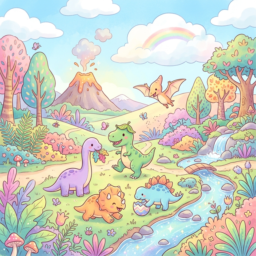 Foxy in Dinosaur Valley with speckled dinosaur egg, warm storybook illustration, child-friendly, soft light